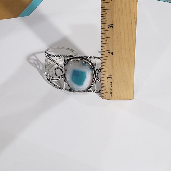 Agate Bracelet, 925 silver agate geode slice gemstone adjustable cuff bracelet - Picture 6 of 14